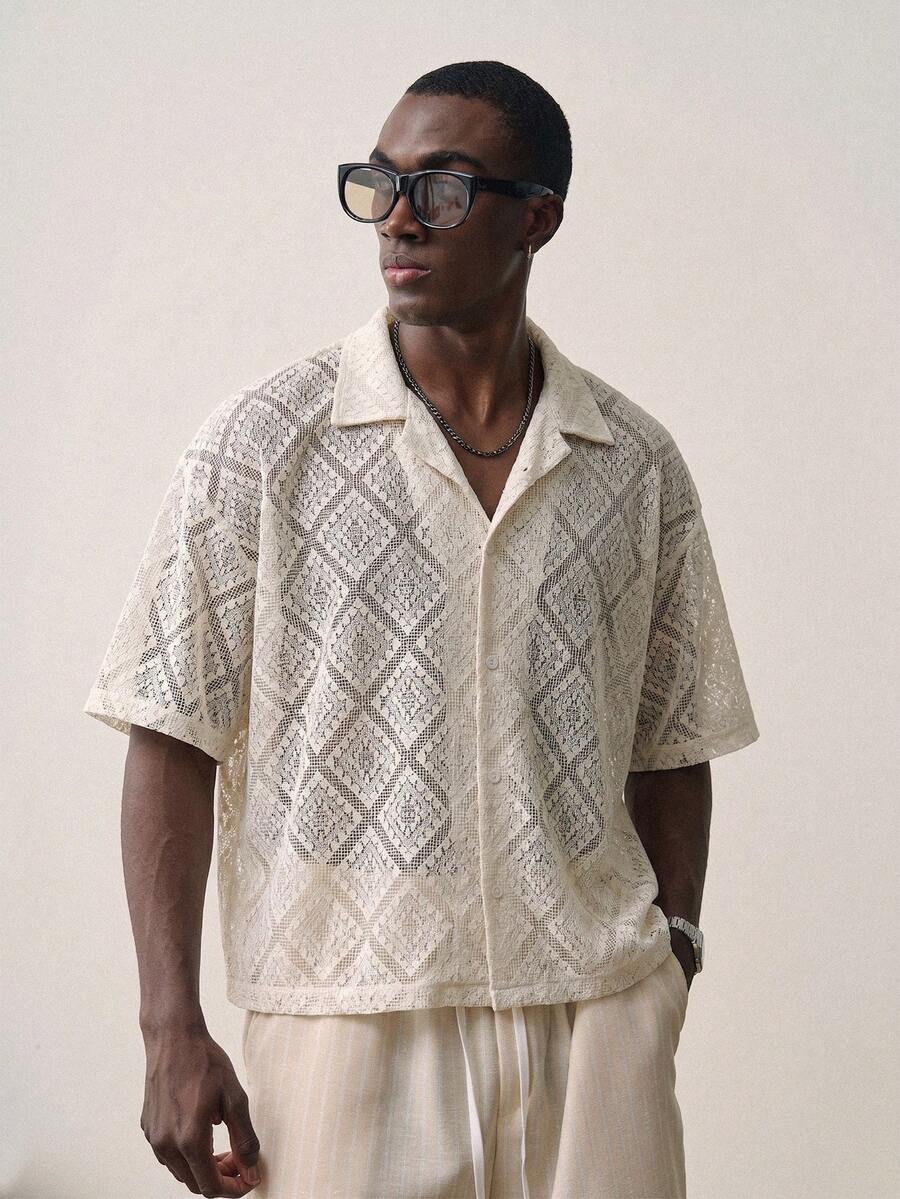 STYNVO Men's Short Sleeve Single-Breasted Button-Up Semi-Transparent Shirt - Beige - View 1