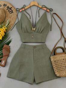 Franclia Summer Casual Solid Color V-Neck Tie Shoulder Top And Shorts Set - Army Green - View 3