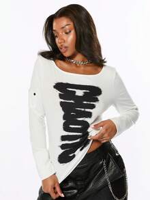 ROMWE Women's Long Sleeve T-Shirt, Ink Graffiti Slogan, White Sleeve, Button Split Hem, Hot Girl All-Match Versatile Streetwear - White - View 6