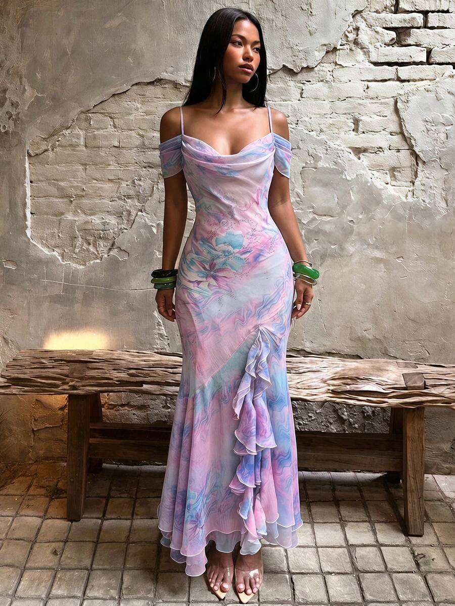 SHEIN BAE Spring/Summer Solid Pink Sequin Floral Gradient Print Women's Rhinestone Vintage Retro Elegant Romantic Maxi Dress Vacation - Pink - View 1