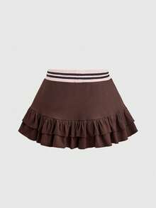 Mean Girls | ROMWE Women's T-Shirt Skirt With Rhinestone Off-Shoulder Meangirls Collaboration Y2K Slim Fit Ribbed Collar Knit Sexy - Mocha Brown - View 8