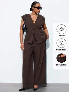 Maija Plus Size Women Curve Brown Summer Classy Office Work Business Outfit,Elegant Solid Suit Vest And Pants Set,Stylish Daily Wear Autumn Outfit Halloween - Mocha Brown - View 10