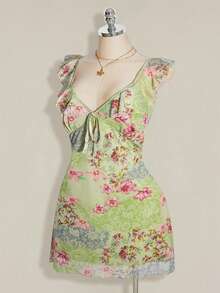SHEIN ICON Vestido de mujer talla grande con estampado floral, patchwork, volantes en el bajo y lazo delantero - verde menta - Ver 4