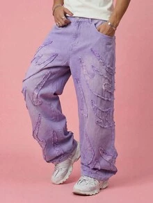 FROVYX Men's Pocket Frayed Hem Wide Leg Loose Casual Jeans, Emo Style - Mauve Purple - View 5