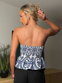 Brooke Lily Top tubo/cropped con estampado de plantas para vacaciones de mujer - Azul y blanco - Ver 3