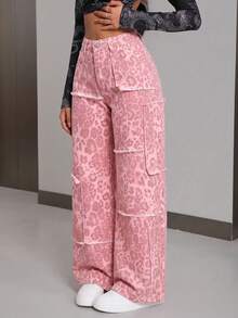SHEIN PETITE 女款高腰豹紋印花毛邊寬腿寬鬆休閒牛仔褲 - 粉色 - 查看 7