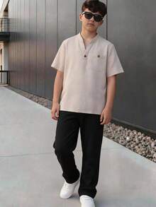 SHEIN 兒童青少年男孩休閒V領短袖上衣與長褲套裝 - 彩色 - 查看 9