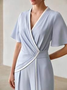 MOTF PREMIUM CONTRAST TRIM SHORT SLEEVE OVERLAP COLLAR JUMPSUIT - Blue - View 2