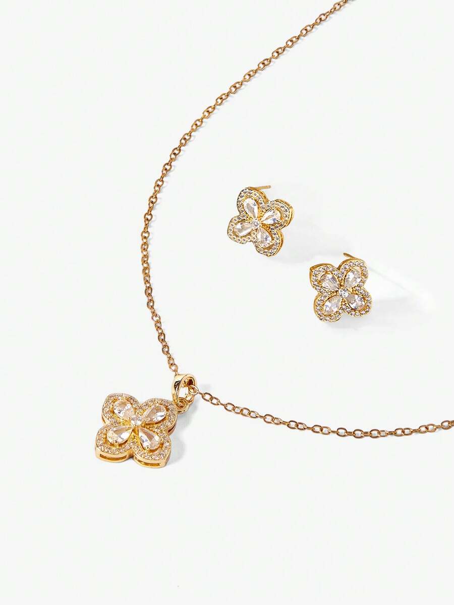 Opalesca 1 Set Stainless Steel Necklace & Earring Jewelry Set, Luxury Rhinestone Classic Versatile Personalized Party Earrings & Necklace Gift, No Gift Box - Gold - View 1