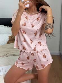 Napfluff Conjunto de pijama de manga corta con cuello redondo, botones delanteros y estampado de osos lindos - Multicolor - Ver 3