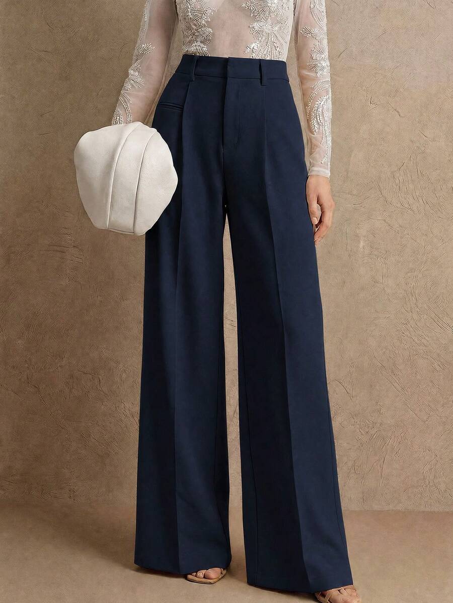 Anewsta Maillard Fashion Commuter Women's Pocket Straight Leg Suit Pants - Navy Blue - View 1