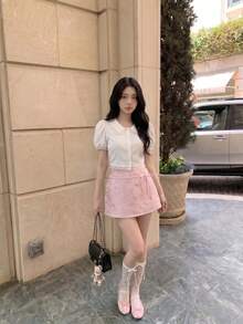 SHEIN MOD Áo blouse dáng ngắn tay phồng viền ren, áo ngắn tay - trắng - Xem 2