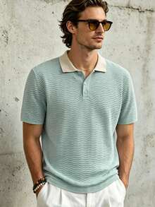 TONEVAULT Men's Fashion Textured Button Half-Placket Short Sleeve Knit Top Vacation Sage Green Autumn Casual - Light Grey - View 5