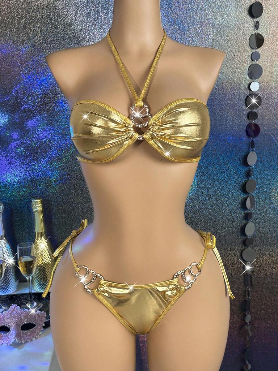 MidnightGlam 女款時尚性感金屬色內衣套裝 2件組,性感內衣,成人、蜜月、火辣、約會之夜,蕾絲性感內衣,內衣套裝,性感套裝 - 金色 - 查看 1