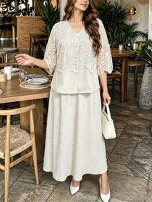 Modelyn Bestickte Mesh & gewebte Patchwork figurbetonte elegante schwere Handwerkskunst Design Bluse mit Rock, Aprikose Große Größen 2-teiliges Set - Beige - Übersicht 5