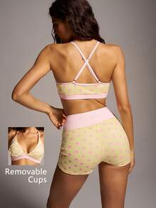 VARSIVA Conjunto deportivo de top corto de cuello halter y shorts con estampado de lunares para mujer - Multicolor - Ver 3