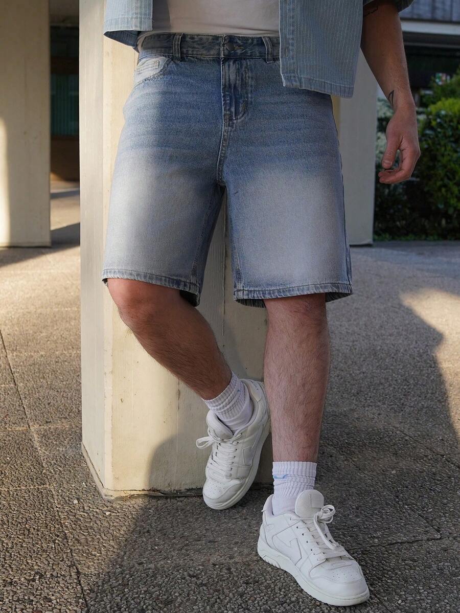 LEOGASHI LEOGASHI HEHCN 男士前扣口袋休闲牛仔短裤,复古水洗蓝色复古美式街头百慕大牛仔裤,适合送给男朋友、丈夫 - 中等水洗藍 - 查看 1