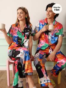 Chillnights Couples Young Cute Fun Vibrant Cat Print Lapel Front-Opening Satin Men's Loungewear Set - Multicolor - View 1