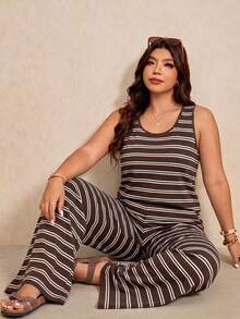 Elaquor Casual Minimalist Plus Size Brown Tank Top And Pants 2 Pieces Set, Suitable For Summer Formal Vacation - Multicolor - View 5