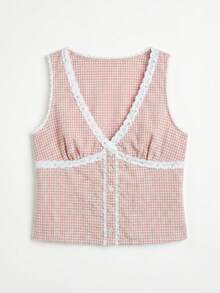 lacRébo Pink Plaid Lace Trim Sleeveless Top, Deep V-Neck Front Button Design - Pink - View 6