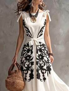 SHEIN Fiorisel Printed Bowknot Casual Commuter Vacation Style Spring/Summer Women Dress - Multicolor - View 3