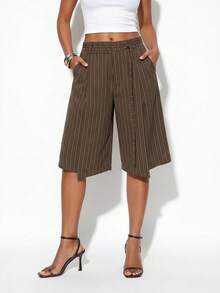 Normani 女款條紋百褶寬鬆版型百慕大短褲，附口袋 - 咖啡棕 - 查看 3