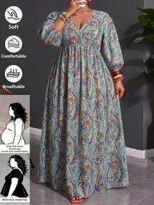 SHEIN CURVE+ 大尺碼女款度假腰果印花V領洋裝，適合所有膚色 - 彩色 - 查看 1