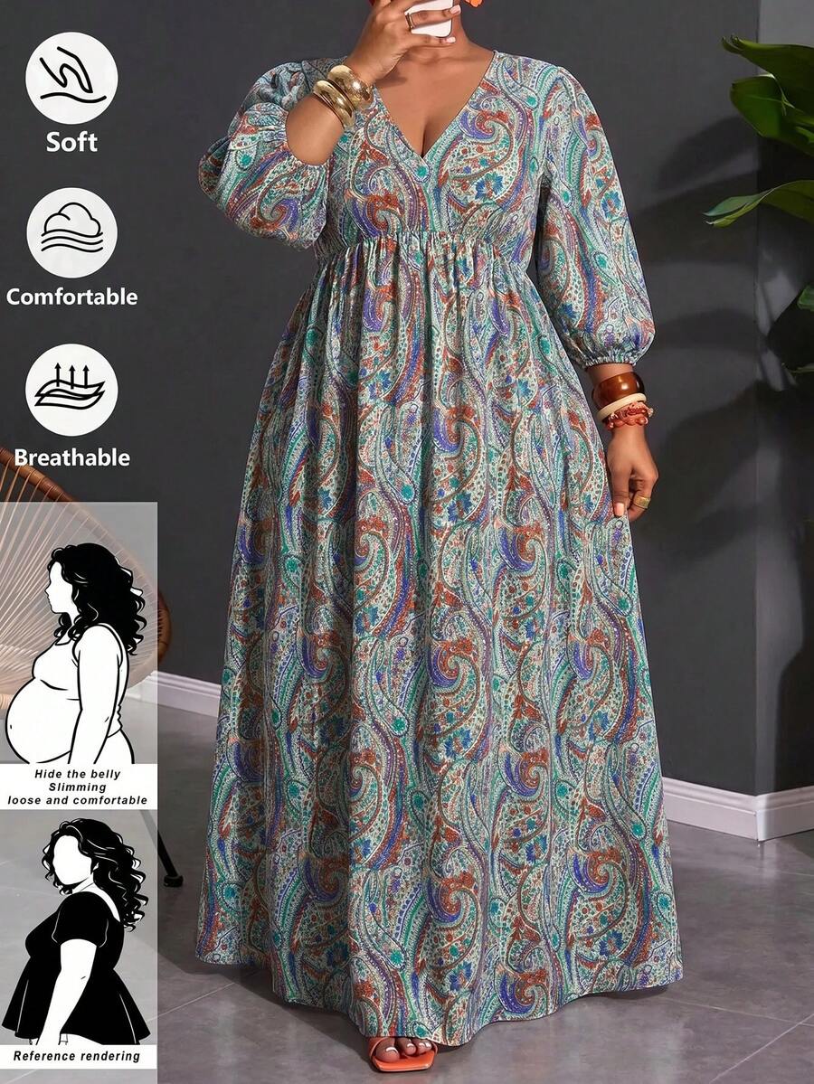 SHEIN CURVE+ 大尺碼女款度假腰果印花V領洋裝,適合所有膚色 - 彩色 - 查看 1
