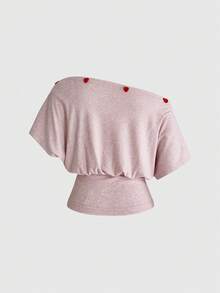 Sweetness Vintage Loose Off-Shoulder Heart Button Decor Batwing Sleeve Women's T-Shirt - Pink - View 2