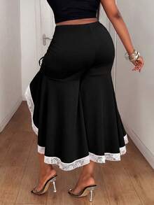 Maweii Plus Size Women's Elegant Solid Color Fabric & Lace Trim Patchwork Ruched Tie Asymmetrical Flare Pants, Daily Wear, Commute Wear - Black - View 2