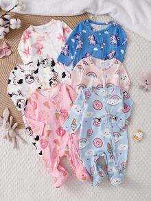 Random 1sets Newborn 0-12 Months Jumpsuit Forest Style Cute Ditsy Floral With Chain Craft Contrast Color Fresh Style Long Sleeve Footed Open Crotch - Multicolor - View 3