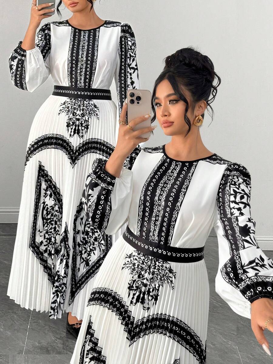 Elenzga Frühling Sommer Herbst Blumenmuster Ganzweiß Muster Rundhals Langarm Slim Fit gerafft A-Linie elegant 70er Jahre Lässig Große Größen Damenkleid Abend Party - Schwarz und Weiss - Übersicht 1