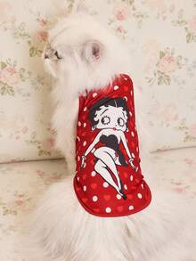 Betty Boop x SHEIN 1件卡通图案印花宠物背心/连衣裙，猫咪服装，狗狗服装，尺码 XXS-XXXXL，超小号，超大号，俏皮，性感，波点图案 - 紅色 - 查看 2