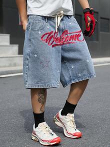 Manfinity EMRG Shorts vaqueros azules casuales con bordado y cordón en la cintura estilo urbano para hombre - Lavado ligero - Ver 2
