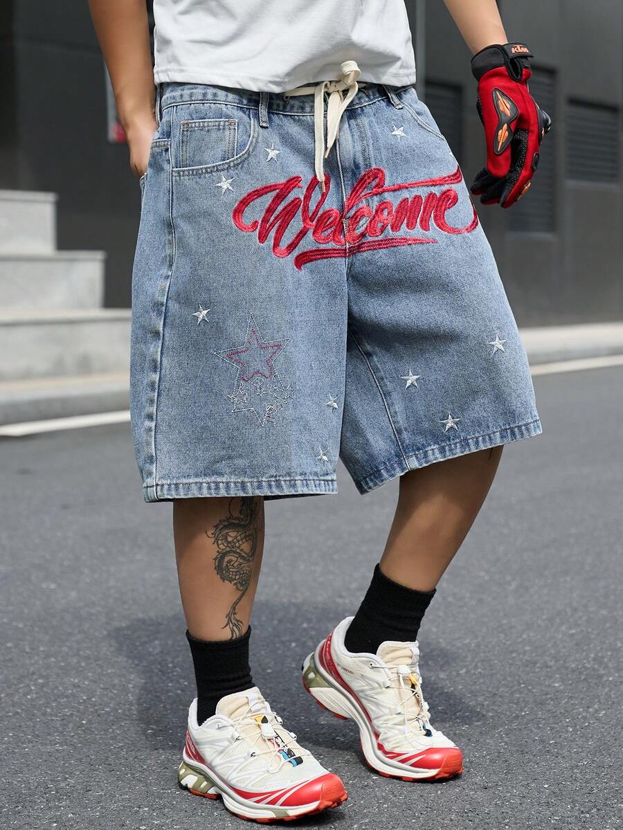 Manfinity EMRG Shorts vaqueros azules casuales con bordado y cordón en la cintura estilo urbano para hombre