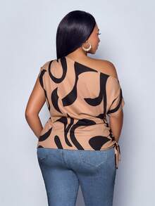 SOLERSUN Women's Plus Size Geometric Printed Asymmetrical Shoulder Drawstring Ruched Side Blouse, Random Print,One Shoulder Top - Khaki - View 3