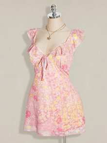 SHEIN ICON Vestido de mujer talla grande con estampado floral, patchwork, volantes en el bajo y lazo delantero - Rosa - Ver 4