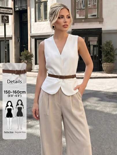 SHEIN PETITE Women's 2026 Spring/Summer Morandi Beige Sleeveless Vest With Built-In Belt. Business/Vacation Style, High-Quality Texture, Street Style, Elegant And Stylish. Suitable For Parties, Outings, Casual Wear, Commuting, And Weddings.