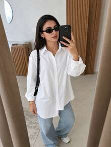 Solavon Women's Minimalist Versatile Solid Color Single-Breasted Asymmetrical Hem Long Sleeve Shirt - White - View 5