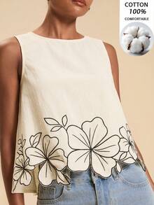 Travachic 女款花卉刺繡圓領無袖上衣，度假穿搭 - 彩色 - 查看 1