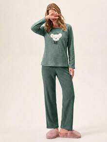 Loomlin 2pcs Contrast Colour Striped With Cute Koala Embroidery Detail PJ Set - Multicolor - View 3