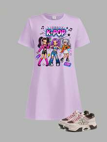 Vestido casual lindo minimalista de niña preadolescente, estilo K-Pop, color lila claro, con estampado de grupo de chicas de dibujos animados, manga corta, largo medio, para verano y escuela - Multicolor - Ver 2