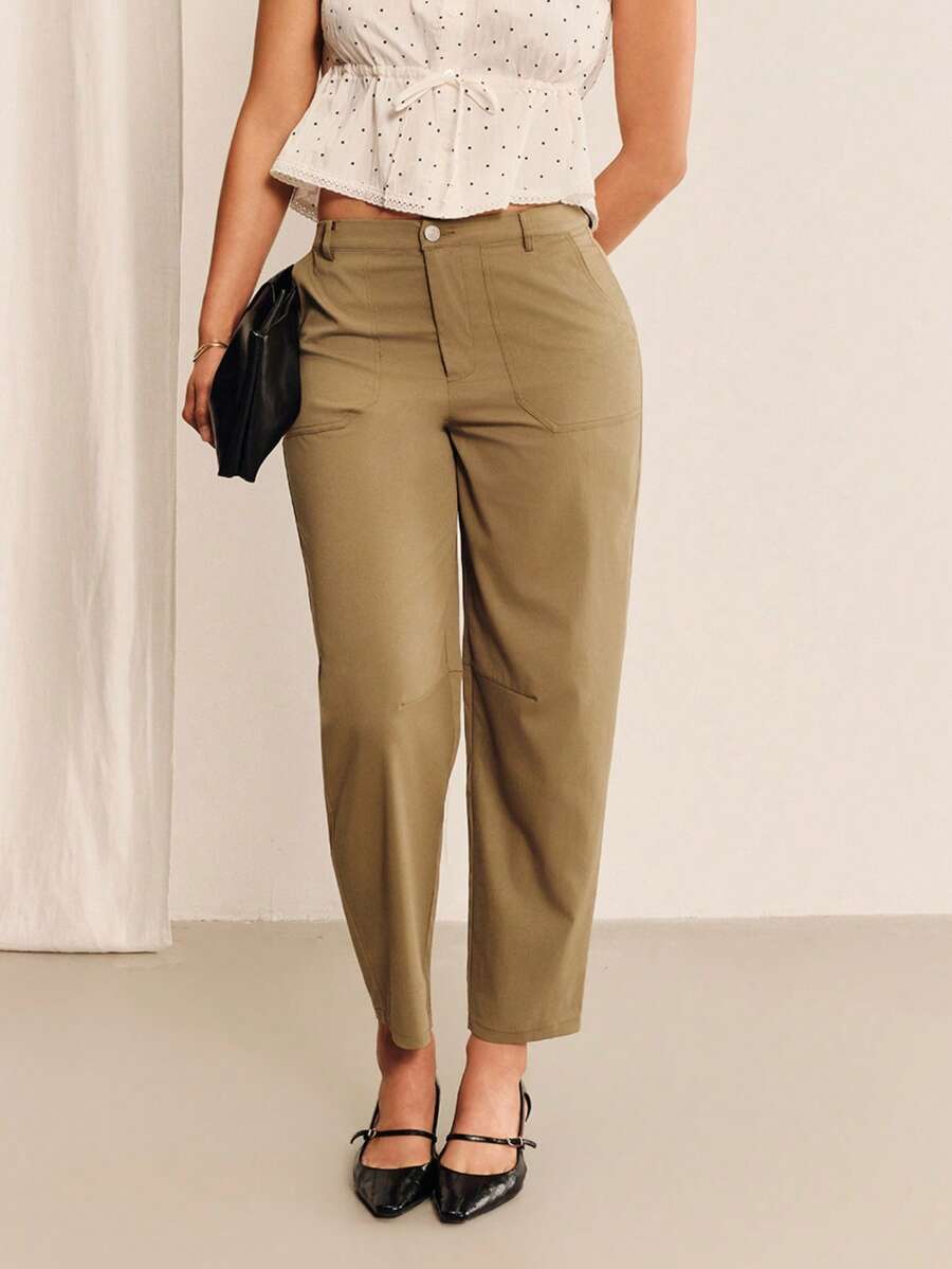 lacRébo Relaxed Khaki Mid-Rise Waisted Cargo Pants With Patch Pockets And Tapered Legs Autumn Going Out Office Work Pants Casual - Green - View 1