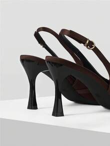 Mnmlis Chic Brown Satin Pointed Toe Slingback Pumps For Women With Stylish Gold Hardware And Slim Stiletto Heel Fall Shoes - dark brown - View 7