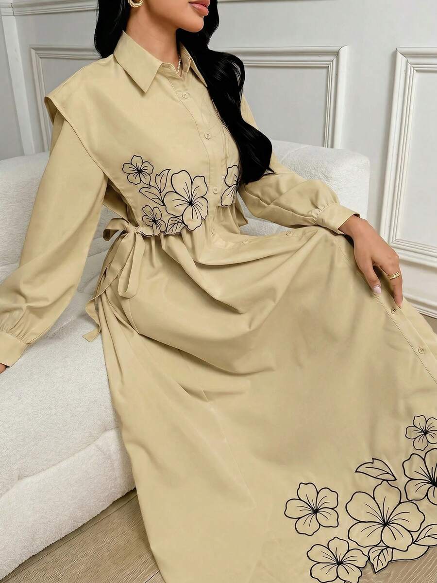 Veilorie 保守休閒度假風花卉刺繡女款洋裝 - 卡其色 - 查看 1