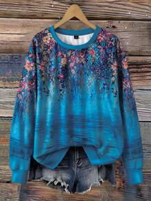 Rusticease Plus Size Floral Print Crew Neck Sweatshirt - Multicolor - View 6