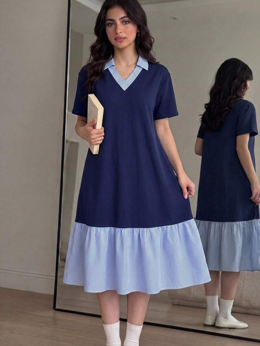 SHEIN 青少年女孩童裝海軍藍 Polo 領圖案荷葉邊下擺條紋拼接休閒洋裝，校服風格，適合學校、戶外活動、購物、日常穿著