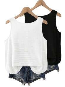SHEIN VCAY 2件組大尺碼女款夏季度假鈕扣裝飾無袖背心上衣（黑色條紋 + 2件套）正式傳統節日休閒白色 - 黑與白 - 查看 2