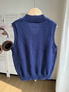 SHEIN 青少年女孩皇家藍V領針織背心，附美國國旗刺繡，柔軟舒適，適合日常穿著、外出、旅行、度假、居家、托兒所與玩耍 - 藏蓝色 - 查看 2