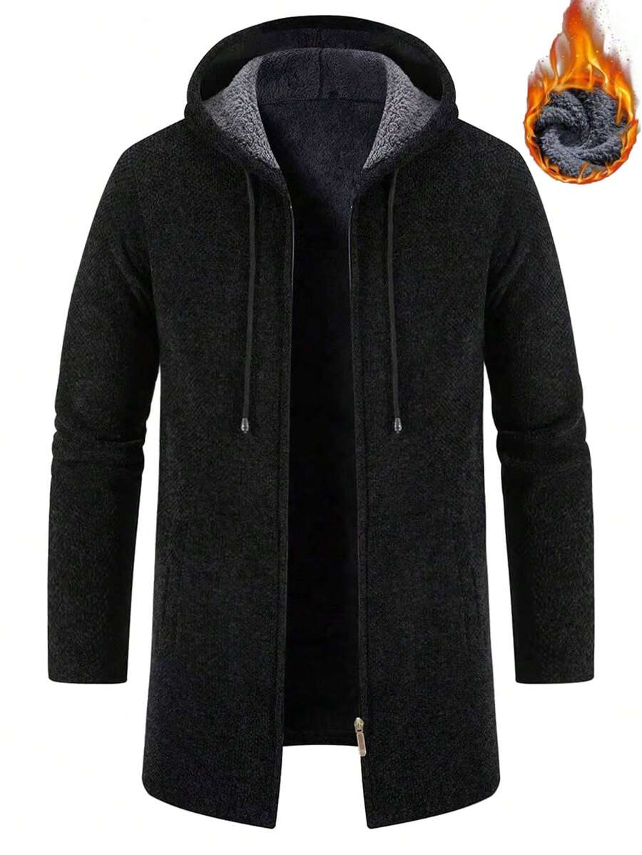 Manfinity Homme Men Zip Up Drawstring Hooded Thermal Cardigan, Fall/Winter - Black - View 1